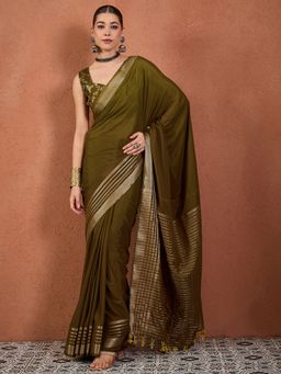 Sareemall - Olive Silk Woven Tassels Saree With Unstitched Blouse