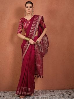 Sareemall - Maroon Silk Woven Tassels Saree With Unstitched Blouse