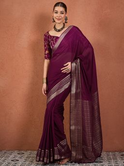 Sareemall - Wine Silk Woven Tassels Saree With Unstitched Blouse