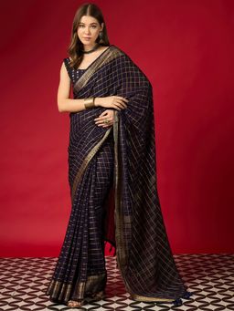 Sareemall - Black Silk Woven Checks Saree With Unstitched Blouse