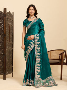 Akhilam - Women Teal Satin Embroidered Saree with Unstitched Blouse