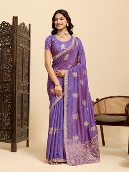 Akhilam - Women Lavender Silk Embroidered Saree with Unstitched Blouse