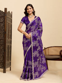 Akhilam - Women Purple Satin Embroidered Saree with Unstitched Blouse