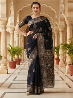 Akhilam - Women Navy Blue Linen Woven Saree with Unstitched Blouse