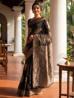 Akhilam - Women Black Linen Woven Saree with Unstitched Blouse