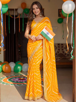 Akhilam - Women Yellow Georgette Stripes Saree with Unstitched Blouse