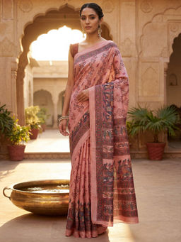 Sareemall - Women Silk Pink Printed Saree With Unstitched Blouse