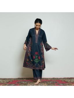 Rustorange - Charcoal Wool Floral Printed Kurta With Pant
