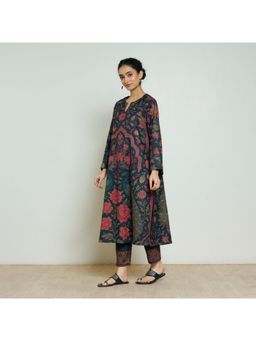 Rustorange - Charcoal Floral Printed Kurta With Pant