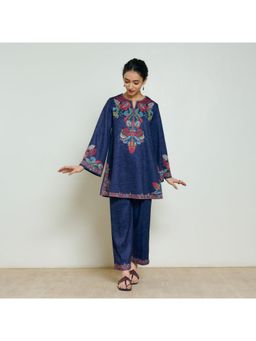 Rustorange - Kashmira Navy Blue Printed Wollen Co-Ord Set