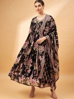 CHETI - Women Black Floral Printed Kurta With Pant and Dupatta