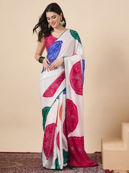 Sareemall - Women Georgette White Mirror Work Saree With Unstitched Blouse