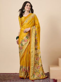 Sareemall - Women Georgette Yellow Mirror Work Saree With Unstitched Blouse