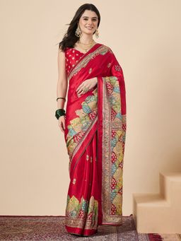 Sareemall - Women Georgette Red Mirror Work Saree With Unstitched Blouse