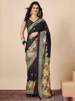 Sareemall - Women Georgette Black Mirror Work Saree With Unstitched Blouse