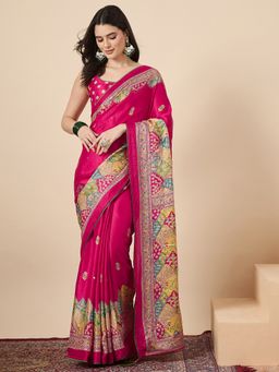 Sareemall - Women Georgette Pink Mirror Work Saree With Unstitched Blouse