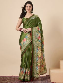 Sareemall - Women Georgette Green Mirror Work Saree With Unstitched Blouse
