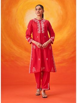 Lakshita - Red Embroidered Straight Kurta With Pant