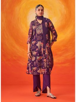 Lakshita - Purple Floral Printed Organza Kurta With Pant and Dupatta