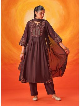 Lakshita - Brown Zari Embroidered Kurta With Pant and Dupatta