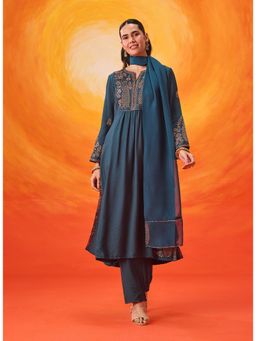 Lakshita - Teal Zari Embroidered Kurta With Pant and Dupatta