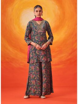 Lakshita - Grey Floral Printed Kurta With Palazzo and Dupatta