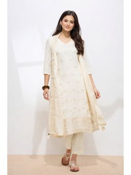 Shaily - Women Off White Zari Woven Kurta With Pant and Dupatta
