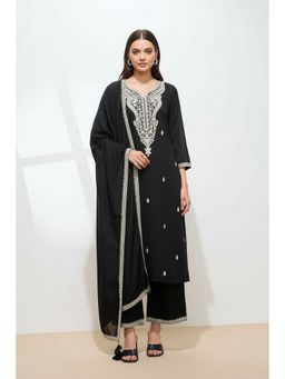 Shaily - Women Black Embroidered Silk Blend Kurta With Palazzo and Dupatta