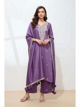 Shaily - Women Lavender Embroidered Silk Blend Kurta With Palazzo and Dupatta