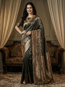 Akhilam - Women Grey Silk Blend Woven Saree with Unstitched Blouse