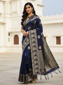 Akhilam - Women Navy Blue Silk Blend Woven Saree with Unstitched Blouse