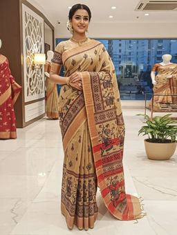 Akhilam - Women Beige Cotton Silk Woven Saree with Unstitched Blouse