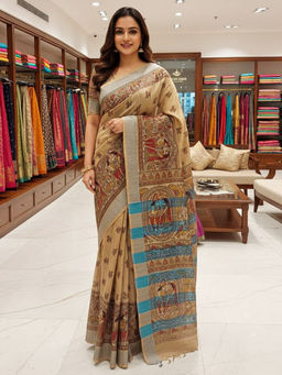 Akhilam - Women Beige Cotton Silk Woven Saree with Unstitched Blouse