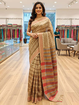 Akhilam - Women Beige Cotton Silk Woven Saree with Unstitched Blouse