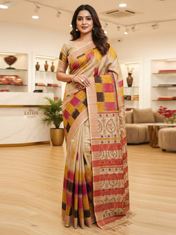 Akhilam - Women Beige Cotton Silk Woven Saree with Unstitched Blouse