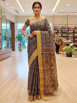 Akhilam - Women Blue Cotton Silk Floral Saree with Unstitched Blouse