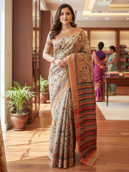 Akhilam - Women Beige Cotton Silk Woven Saree with Unstitched Blouse