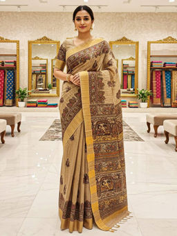 Akhilam - Women Beige Cotton Silk Woven Saree with Unstitched Blouse