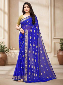 Akhilam - Women Blue Nylon Woven Saree with Unstitched Blouse