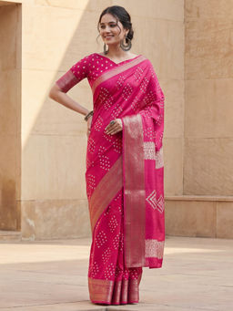 Sareemall - Silk Blend Pink Bandhani Printed Saree With Unstitched Blouse