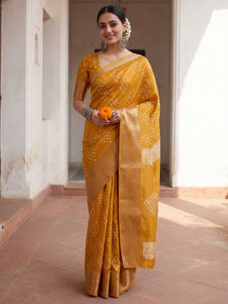 Sareemall - Silk Blend Mustard Bandhani Printed Saree With Unstitched Blouse