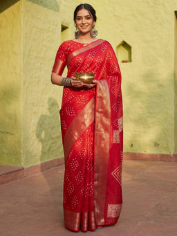 Sareemall - Silk Blend Red Bandhani Printed Saree With Unstitched Blouse
