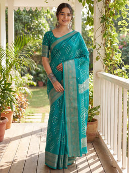 Sareemall - Silk Blend Blue Bandhani Printed Saree With Unstitched Blouse