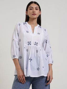 Pink Fort - Cotton Floral A-Line White Top