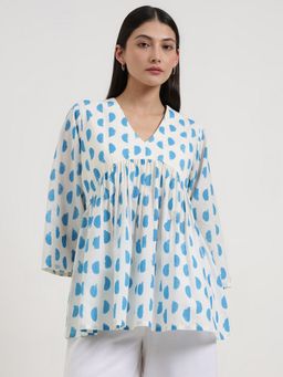 Pink Fort - Cotton Geometric V-Neck Off White Top