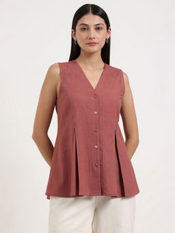 Pink Fort - Linen Blend Solid Peplum Rust Top