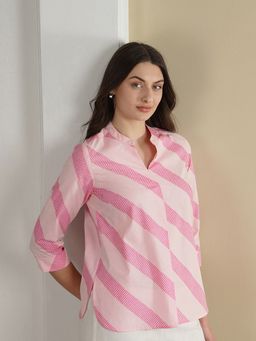 Pink Fort - Cotton Pink Striped Band Collar Top