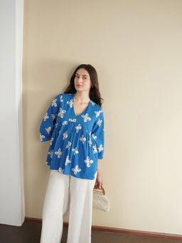 Pink Fort - Cotton Blue Floral Peplum Top