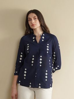 Pink Fort - Cotton Geometric Band Collar Navy Blue Top