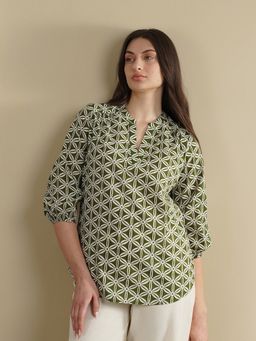 Pink Fort - Cotton Geometric Green Band Collar Top